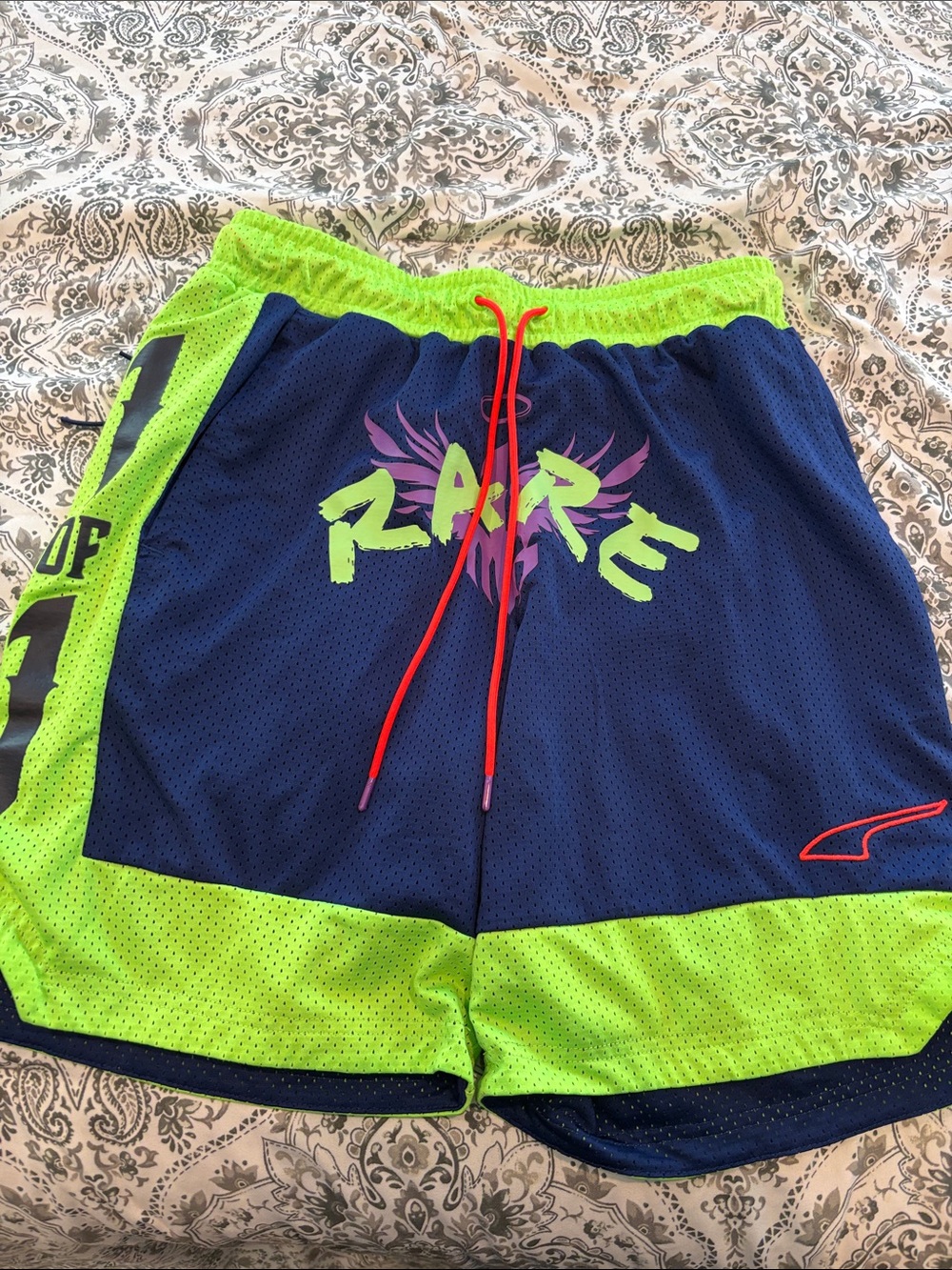 Puma Blue & Neon Green Athletic Shorts with Red Drawcord